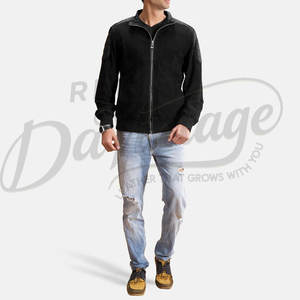 Blouson bomber en daim noir pour homme, avec empiècements matelassés en peau de mouton véritable aux épaules, coupe ajustée, fermeture éclair, style moto décontracté - Product Image 4