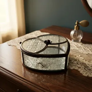 Artisan Design Heart-Shaped Glass Jewelry <b>Box</b> <b>Floral</b> Pattern Metal Frame Decorative Storage Organizer for Necklaces Rings Model - Product Image 3
