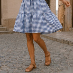 Robe courte à manches bouffantes en gingham bleu, col carré, coupe trapèze, robe d'été décontractée, respirante, en coton et polyester, motif tissé à carreaux - Product Image 2