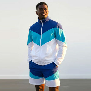 Conjunto Deportivo para Hombre con Bloques de Color, Chaqueta Cortavientos de Manga Larga con Cierre y Cuello Alto, Pantalones Cortos Deportivos de Secado Rápido - Product Image 1
