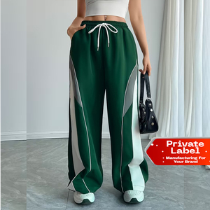 Pantalon large taille haute pour femme avec cordon de serrage - Rayures contrastées vert, blanc et gris - Product Image 1