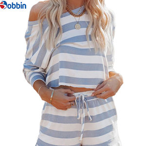 ชุดเซ็ตฤดูร้อนลายทางพิมพ์โลโก้ตามสั่ง คอกลม แขนยาว ชุดลำลองใส่สบายๆ ชุดนอนผ้าถักสำหรับผู้หญิง ผ้าฝ้าย - Product Image 5