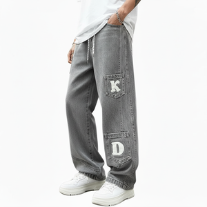 Pantalones Vaqueros Casuales de Estilo Urbano para Hombre, Ecológicos, Holgados, con Estampado de Letras, de Pierna Recta, Lavado Medio, para Verano, Otoño, Invierno y Primavera - Product Image 4