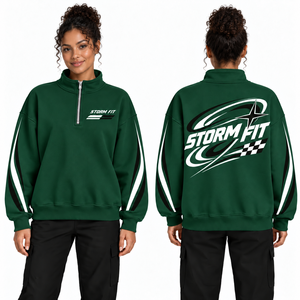 Sweat-shirt à col zippé pour femme Storm Fit, vert, avec logo personnalisé, impression sérigraphique, coupe classique, tricoté, coupe-vent, respirant, pour l'hiver - Product Image 1