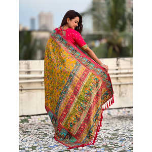 Sari Darbari Elite Weaves en soie viscose pure jaune moutarde, imprimé positionné, 750g, pour robes de cocktail - Product Image 4