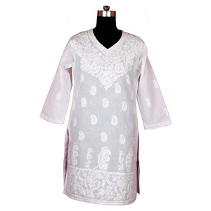 DRL026 Pollo Bordado Largo Kurta Algodón Indio Túnica Floral Top Vacaciones Ropa Tamaño S, M, L, XL, XXL Western Party Wear - Product Image 1