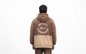 Sweat à capuche homme marron beige colorblock avec panneau à bords bruts, poche kangourou, coupe oversize personnalisée, style streetwear - Product Image 6
