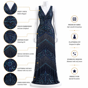 Vestido de noche de lujo con flecos de cuentas en azul marino para mujer |   Vestido de Fiesta con Lentejuelas Bordadas y Escote Profundo en V, Elegante Vestido Largo Formal - Product Image 5