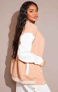 Women's Peach Varsity <b>Jacket</b> With <b>White</b> Sleeve Solid Color Preppy Style Button Up Collar Full Sleeve Regular Fit Autumn Wear - Product Image 4