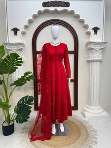Women's Red Floor Length Traditional Dress With <b>Lace</b> <b>Sleeves</b> And Cape Loose Fit Wedding Attire India Pakistan Style - Product Image 5