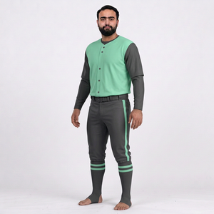 Ensemble de pantalon et haut de baseball pour homme, couleur unie, blocs de couleur, manches courtes, col en V, fermeture boutonnée, respirant, antibactérien, en polyester - Product Image 4