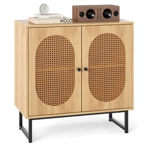 Credenza in Stile Boho in Rattan PE Naturale con 3 Ripiani Regolabili e Cerniere a Chiusura Morbida per Soggiorno - Product Image 1