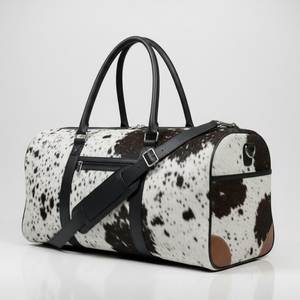 Cowhide Leather Duffle Bag Oval Shape Double Handle Zipper Closure Unisex Travel Bag Brown White Pattern - Product Image 2