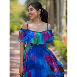 Vestido Largo de Verano para Mujer, con Hombros Descubiertos, Estampado, Cintura Natural, Volantes en Capas, para Fiesta o Playa - Product Image 1