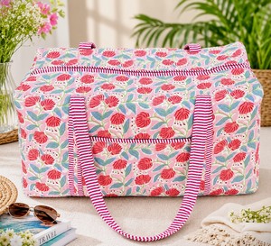 Handmade Floral Print Cotton Quilted Foldable Luxury Duffel Bag Striped Trim Zipper Closure Large Capacity Weekender <b>Luggage</b> - Product Image 6
