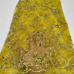 Yellow Luxury Beaded Lace Fabric with Gold Sequin Embroidery for Bridal Wedding Party Wear - Product Image 1