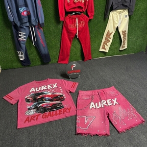 Ensemble T-shirt court et short streetwear pour homme, design clouté, délavage acide, 100 % coton, impression sérigraphique personnalisée, collection été - Product Image 2