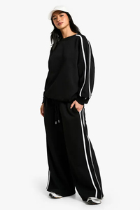 Sudadera Negra Extra Grande para Mujer, Cuello Redondo, Manga Larga, Tejido Sólido, Ropa de Otoño Transpirable con Bolsillos - Product Image 4
