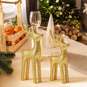 Ensemble de 2 statues élégantes de rennes dorés - Décoration de table de Noël, figurines de cerfs sur pied, paire décorative pour la décoration du salon - Product Image 5