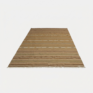 Tapis tissé à la main beige et marron à rayures, avec motifs géométriques et franges - Product Image 1