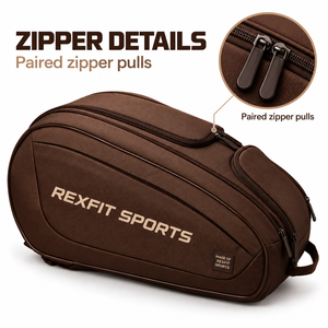Sac de transport pour raquette de squash Rexfit Sports personnalisé marron avec impression de texte personnalisée, compartiments multi-zippés et forme de rangement sportif - Product Image 4