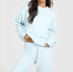Women's Light Blue Oversized Sweatshirt <b>Drop</b> Shoulder Long Sleeve Casual Fleece Pullover Loose Fit Soft Cozy Cotton Blend Autumn - Product Image 6