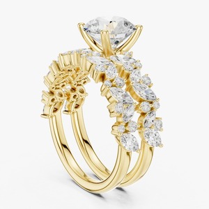 Ensemble de bagues de mariée en diamant de laboratoire taille ronde 2,00 carats, or jaune 9K, accent marquise pavé, bijoux en gros - Product Image 5