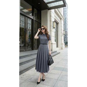 Elegante Vestido Midi Plisado con Cuello Polo, Manga Corta, Estilo Oficina, con Cinturón, de la Mejor Calidad, Ropa de Mujer - Product Image 1