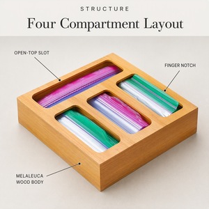 Food <b>Storage</b> Bag Organizer Acacia Wood 4 Compartment Zip Bag Holder <b>Kitchen</b> Countertop Dispenser <b>Box</b> Resealable Bag <b>Storage</b> - Product Image 1