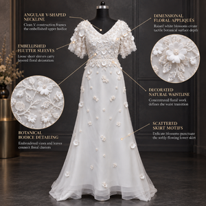 Floral <b>Applique</b> Evening <b>Dress</b> V Neck Flutter Sleeves A-Line Silhouette Formal | White Floor Length Embellished Formal Party Gown - Product Image 5
