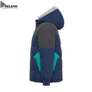 High Quality OEM <b>Men</b> <b>Navy</b> Dark Grey and Teal Hooded Puffer <b>Jacket</b>, Warm Winter <b>Quilted</b> <b>Jacket</b> with Full Zip and Hood - Product Image 3