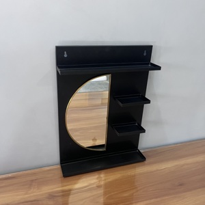 Modern Minimalist Wall Mount Mirror with Shelves Black Metal Frame & Gold Trim Multifunctional Design for Living Room - Product Image 4