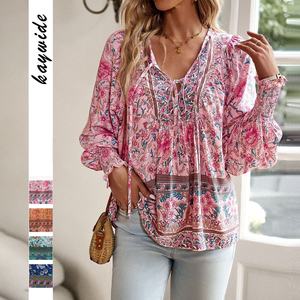 Blusa de Verano Informal de Estilo Bohemio con Estampado Floral y Cuello en V, de Media Manga, Transpirable, a la Moda, para Mujer - Product Image 6