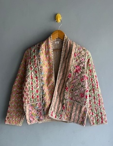 Vintage Woven Quilted Jacket <b>Women</b> Floral Printed Cotton <b>Coat</b> Mandarin Collar Full Sleeve Winter Autumn Wear Gift Her - Product Image 1