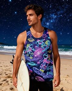 Six Trend Sports Débardeur pour homme style urbain, imprimé néon astronaute spatial, décontracté, respirant, tricoté, col rond, 100% Coton - Product Image 2