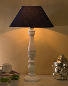 Hand-carved white wood <b>table</b> lamp blue linen shade elegant floral base decorative <b>bedside</b> light for coastal or farmhouse decor - Product Image 2