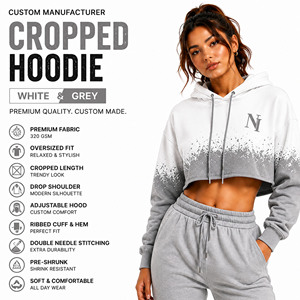 OEM Women Cropped <b>Hoodie</b> <b>White</b> Grey Gradient Color Drop Shoulder <b>Oversized</b> Fit Letter Print Fleece Sweatshirt Autumn Wear - Product Image 6