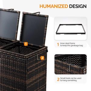 72-Gallon Outdoor <b>Large</b> Wicker Trash <b>Bins</b> Dual Lids Hideaway Rattan Trash Cans for Porch Backyard Deck Patio Poolside Beyond - Product Image 2