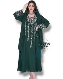Kaftan long Awais House pour femme, en polyester brodé, coupe classique, col cœur, manches longues, idéal pour les fêtes - Product Image 1