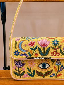Bolso de Hombro Bohemio con Bordado de Cuentas y Diseño Floral para Mujer, Correa Única, Hecho a Mano, Ecológico, Amarillo - Product Image 5