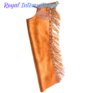 Chaps de cowboy en cuir suédé brun faits à la main Royal International avec franges, équipement de protection pour les jambes pour l'équitation et le rodéo, pour hommes - Product Image 1