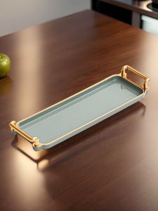 Minimalist Sage Green Vanity <b>Tray</b> with Gold Finish Trim – Long Low-Profile Resin <b>Perfume</b> Display Bathroom Amenity Platter - Product Image 3