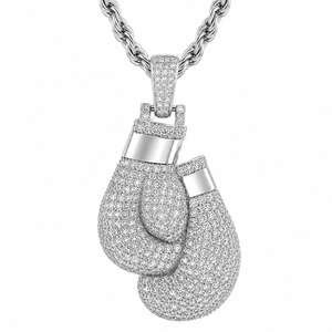 Iced Out Boxing Gloves Pendant 18K White Gold Rhodium Plated Micro Pave Crystal Men's Hip Hop Rope Chain <b>Necklace</b> - Product Image 3