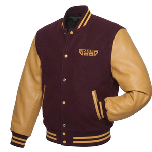 Blouson universitaire homme color block à col montant en mélange de laine, avec manches en cuir, pour l'automne - Product Image 3