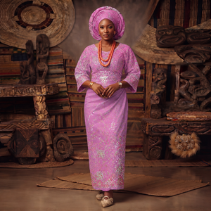 Olive Gold Luxury African Kaftan Dress with Blue Embroidery, Matching Gele Headwrap & <b>Shawl</b> for <b>Wedding</b> Wear - Product Image 5