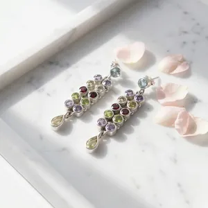 Boucles d'oreilles pendantes multicolores en argent sterling 925, bijoux indiens faits à la main, pierres de naissance colorées pour femmes - Product Image 2