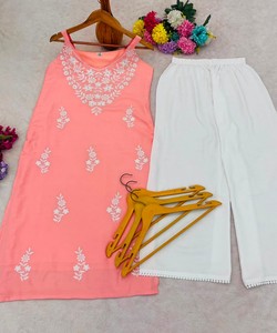 <b>Women</b> Coral Cotton Embroidered <b>Kurta</b> Palazzo Set Traditional Casual Wear India Pakistan Style Midi Length 86477 MORNI- MC-1145 - Product Image 4