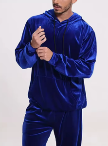 <b>Men</b> Burgundy Velvet <b>Tracksuit</b> Full Sleeve Solid Color Casual Hooded Jogger Pants Set Loose Fit Winter Wear - Product Image 2