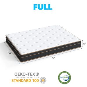 Materasso Ibrido a Molle Insacchettate da 12 Pollici con Bordo Nero Oro e Rivestimento Bianco - Supporto Medio-Rigido, Design Rinfrescante e Traspirante - Product Image 1