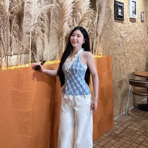 Ensemble haut à col licou en dentelle à carreaux et pantalon à jambes larges pour femme, tenue d'été décontractée - Product Image 2